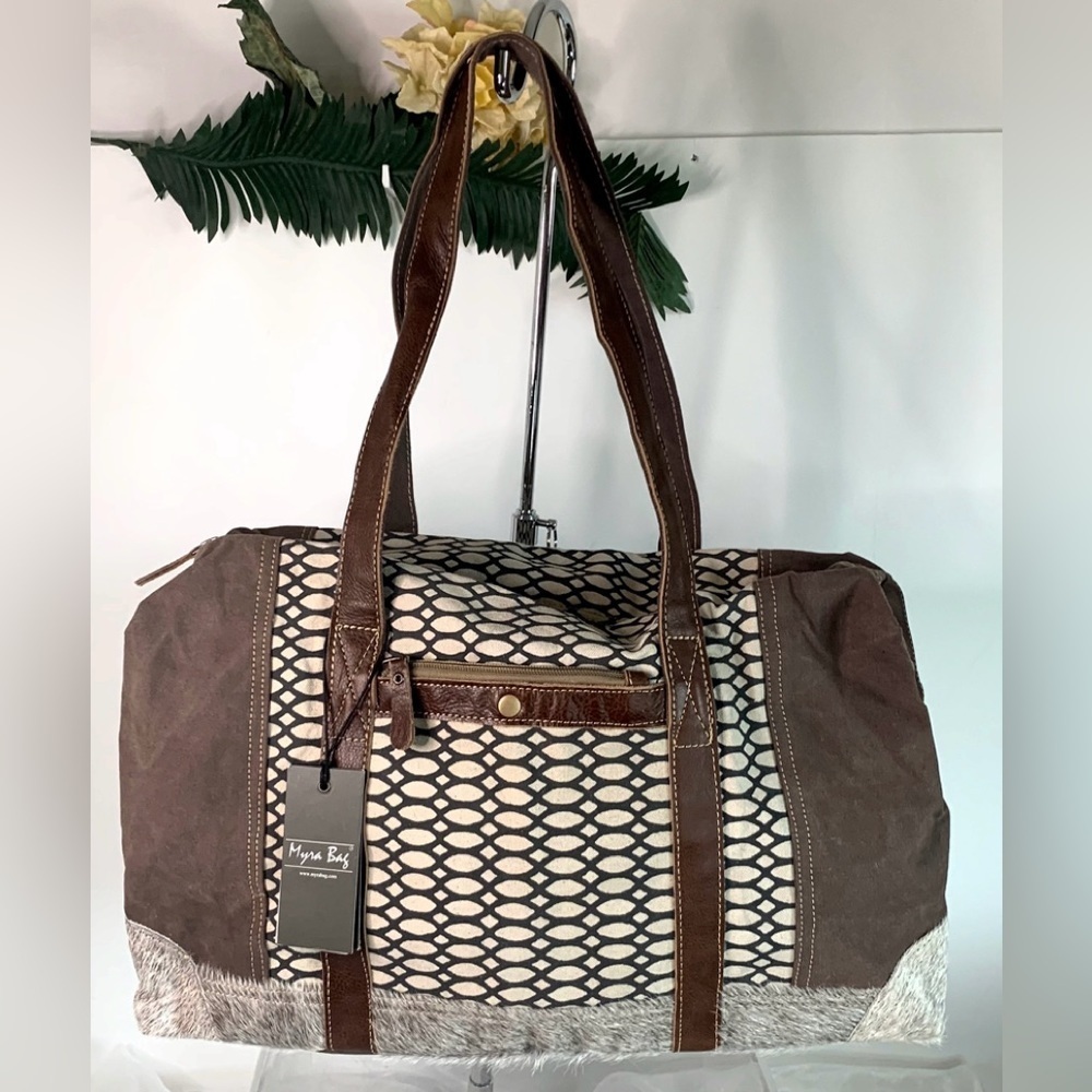 Myra Bag Honey Bee Cowhide & Upcycled Canvas Travel Bag S-1158
